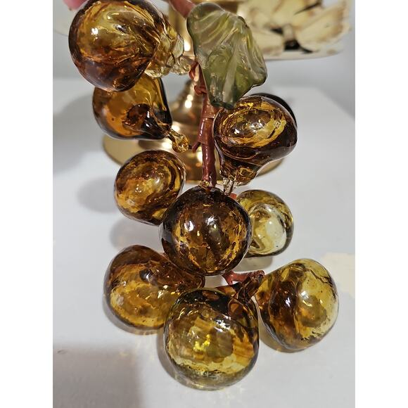 Vintage Handblown Amber Murano Glass Grapes Cluster Leaf MCM Decorative Glass - Picture 4 of 14
